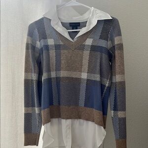 Plaid V-Neck Sweater - Blue and Brown